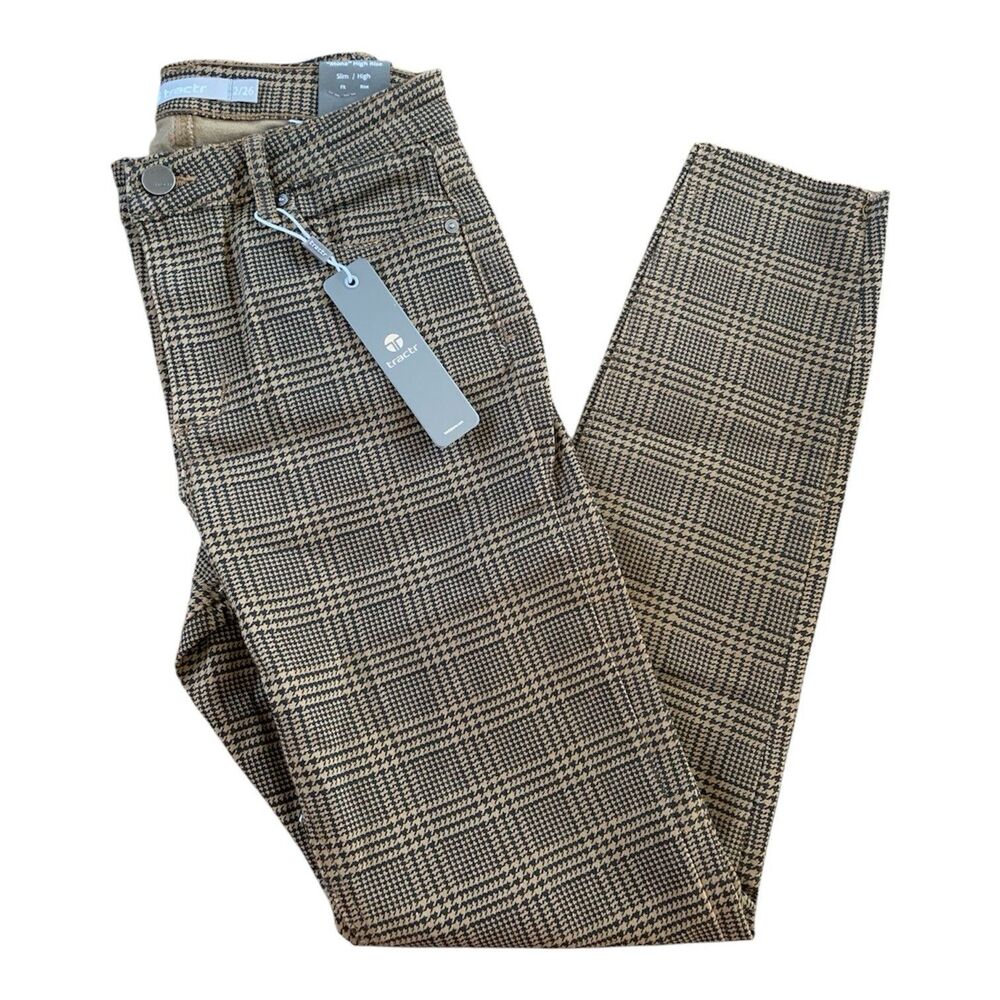 NWT Tractr Mona High Rise Crop Slim Fit Jeans Houndstooth Plaid Tawny - Size 2